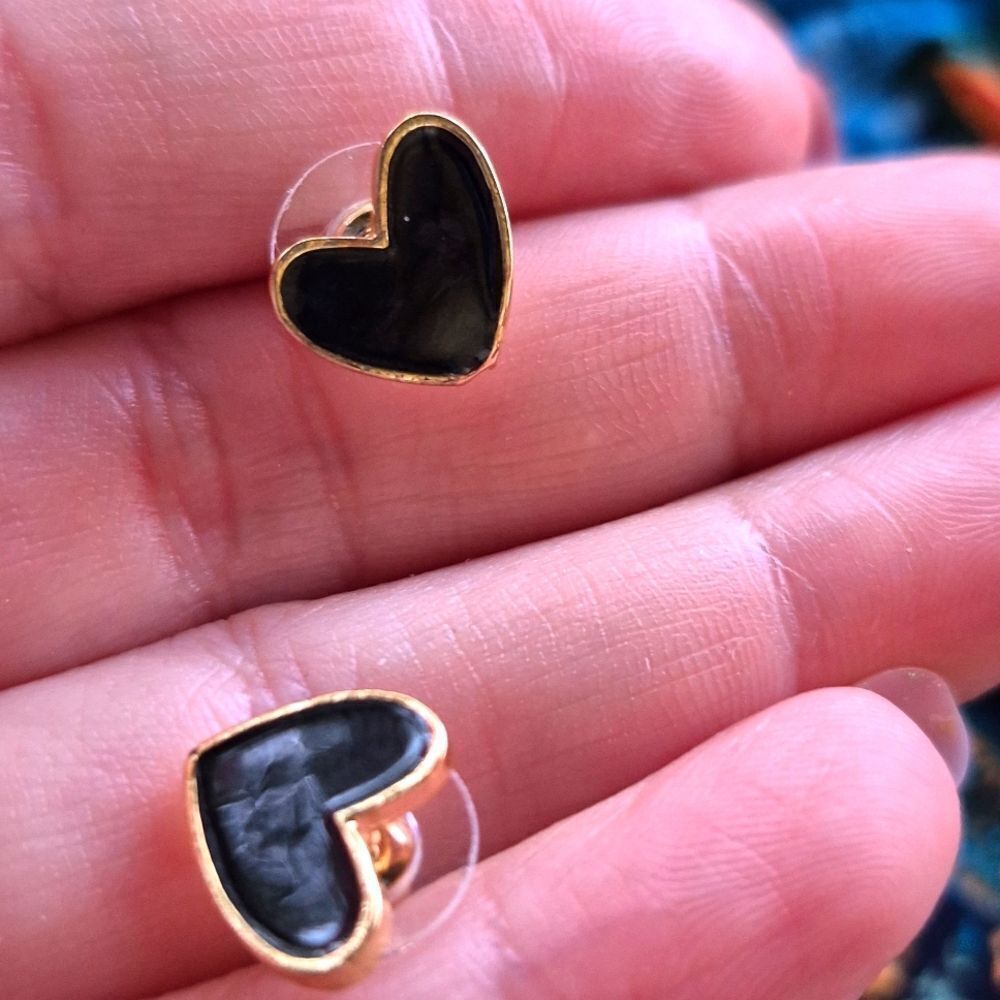 ♡♡♡ Black Stud Heart Earrings  Gold Alloy  | Jewelry Gifts for Her